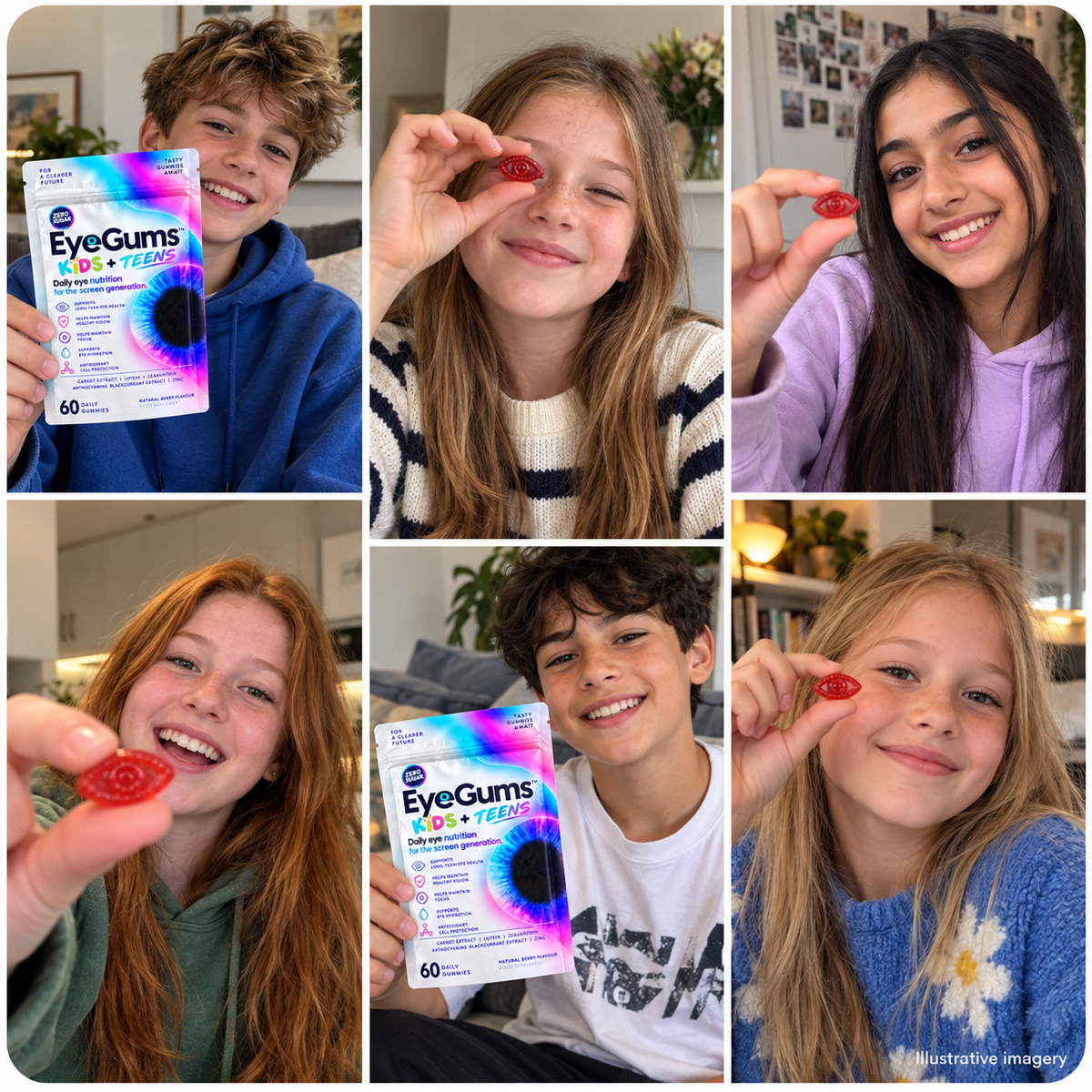 Illustrative lifestyle collage of children and teens with EyeGums Kids + Teens