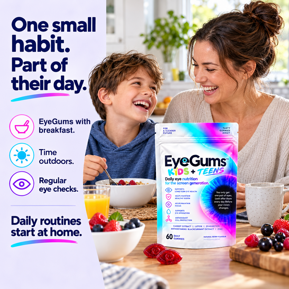 A mother and child sharing a morning routine with EyeGums Kids + Teens